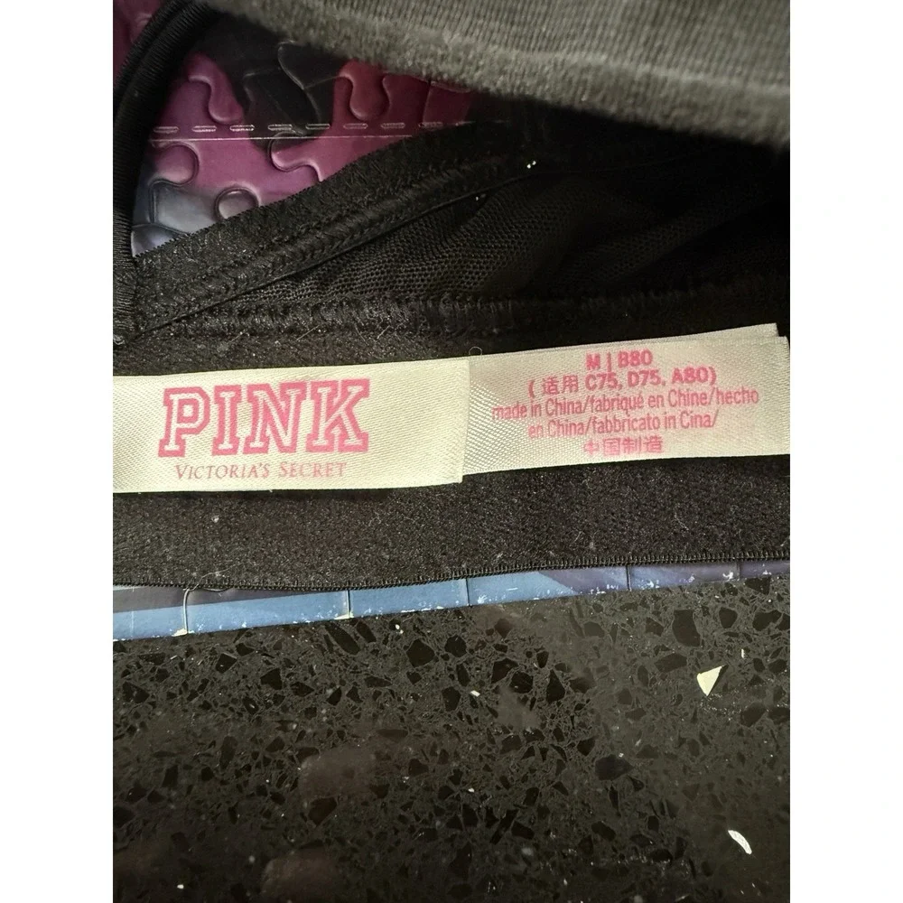Victoria's Secret Bra Medium Black‎ Unlined Wirefree Silver Stripe Logo